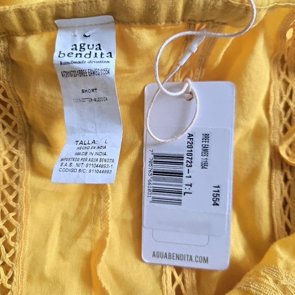 New Agua Bendita Bree Eames Embroidery Yellow Cover-Up Cut Shorts NWT